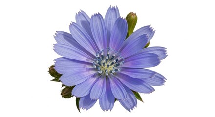 Fototapeta premium Chicory flower isolated on white background. Macro shot of blue wildflower head with petals. Botanical study of summer plant, herbal medicine and nature concept for floral design element.