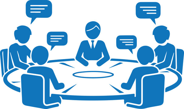 Business team meeting with speech bubbles around a conference table