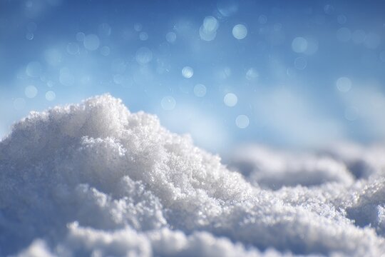 Close-up of sparkling snow crystals against a soft, bokeh-filled blue sky
