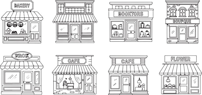 Vintage shop front icons, 8 storefront line art vectors, cafe bakery