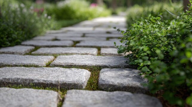 Stone path winding through a summer garden. Cobblestone walkway surrounded by lush green plants and foliage. Peaceful outdoor landscape design for park walk and scenic backyard garden.