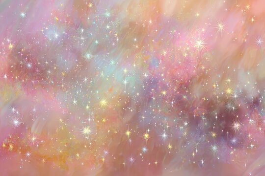 Pastel nebulae swirl with shimmering stardust in a cosmic dreamscape