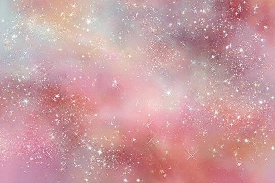 Soft pink and peach cosmic background with sparkling glitter and hazy clouds