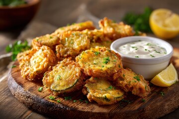 Fototapeta premium Close-up of crunchy fried pickles, herb garnish, and warm lighting