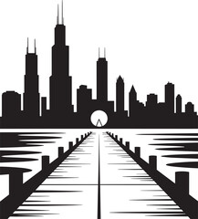 Fototapeta premium City Skyline Silhouette With Pier And Ferris Wheel At Sunset