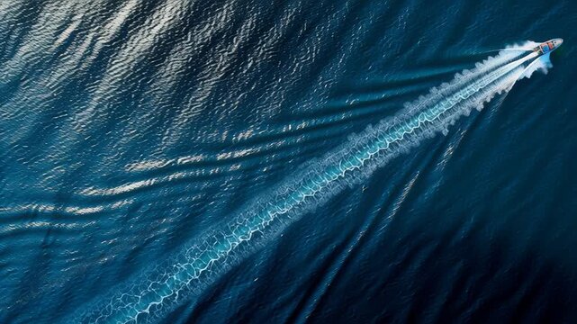 close-up aerial of ship wake trailing behind vessel, textured ripples in deep blue water, motion and direction emphasized, abstract ocean pattern, high detail realism, Lone speedboat cuts through deep