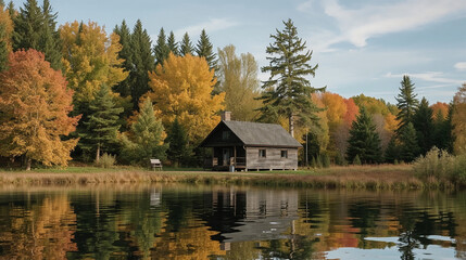 Obraz premium Autumn cabin by lake with colorful forest
