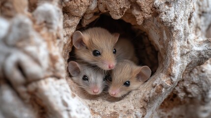 Naklejka premium Three Adorable Mice in a Nest
