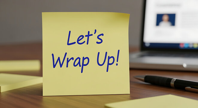Let's wrap up handwritten message on a yellow sticky note symbolizing meeting summary project completion session conclusion and end of work day task finalization