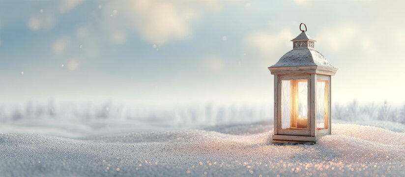 A vintage lantern glows warmly in a snowy winter landscape, casting soft light
