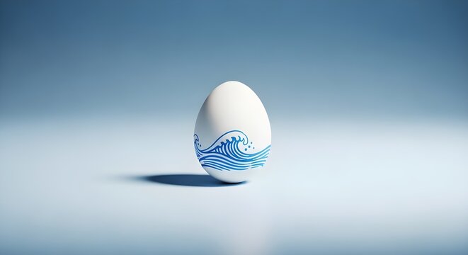 Easter egg with blue ocean wave pattern on blue background.