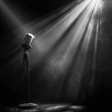 Vintage microphone on stand, bathed in dramatic, smoky stage spotlight