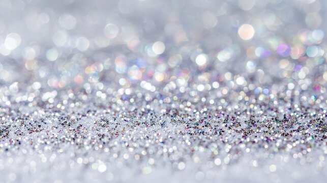 Close-up texture of a white surface dusted with shimmering holographic glitter and metallic sequins