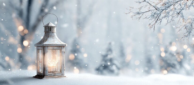 Glowing lantern in a serene snowy forest with falling snowflakes and bokeh lights