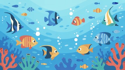 Fototapeta premium Vibrant underwater scene with colorful cartoon fish swimming among corals and sea plants.