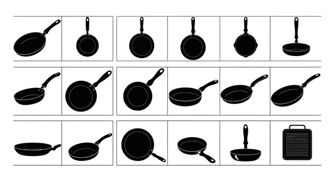 Collection of diverse frying pans and skillets presented as black silhouettes against a clean white background showcasing various shapes and sizes for culinary preparation