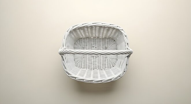 Top view of empty white wicker Easter basket on beige background