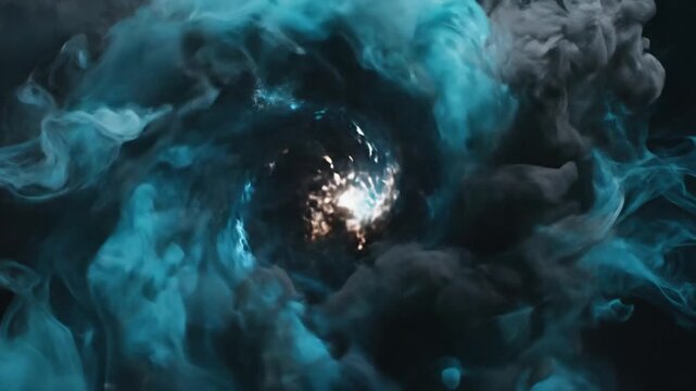 Abstract blue smoke explosion with bright sparks and light burst
