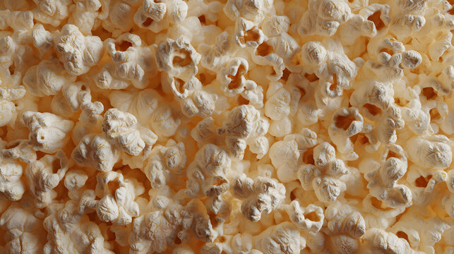 Close-up popcorn texture showing light, fluffy popped kernels with detailed creases and warm golden highlights&mdash;ideal for snack packaging, movie night, food backgrounds, and culinary branding.