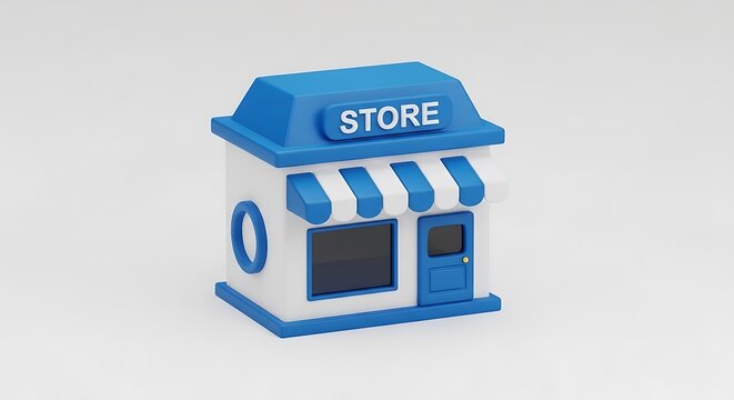 A small blue and white store with a blue awning