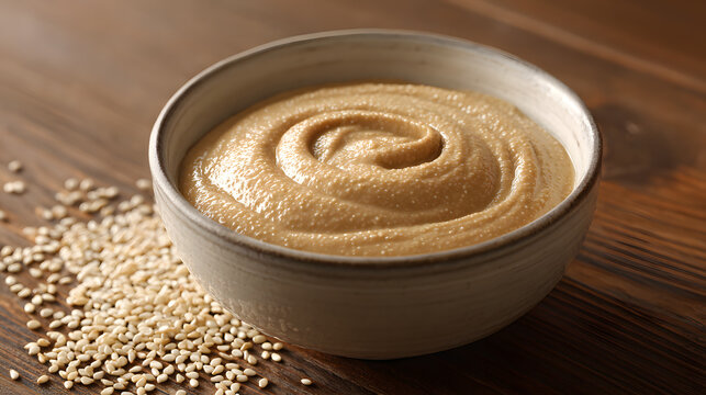 Creamy tahini paste in a rustic bowl with sesame seeds scattered on a wooden surface; smooth swirl texture and warm lighting ideal for Mediterranean cuisine, recipes, packaging, and food styling.