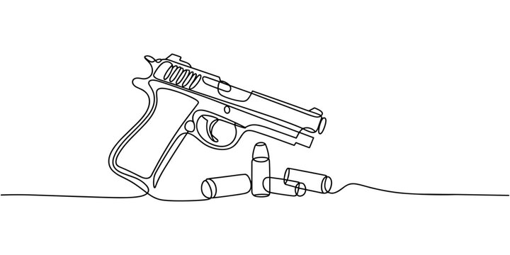Continuous line art drawing of hand gun with bullets. One line drawing the gun, police gun vector illustration, Gun, weapon, handgun with bullets icon. pro Vector illustration, Pistol linear icon, 