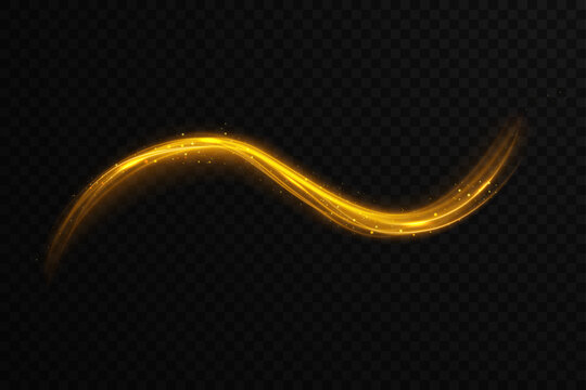 Soft yellow light wave draws bright line in transparent PNG flow. Particles gold twirl around edges while smooth swirl expands. Magical golden dust bokeh and glowing light ribbon.