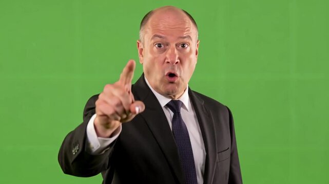 Confident Businessman in Suit Pointing Directly at Camera Against Green Screen for Corporate Messaging or News Broadcast