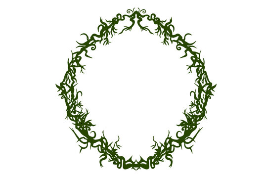 緑の茨（いばら）のフレーム（植物・自然・毒・幻想的・ベクター素材）：Green thorn frame border. Natural botanical poison fantasy vector illustration.
