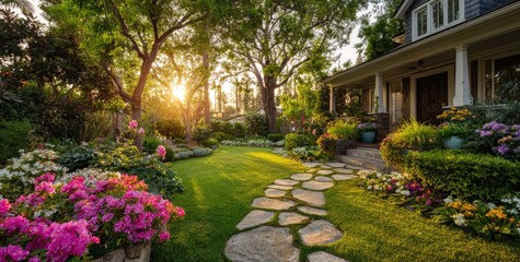 Fototapeta premium Lush garden path leads to a charming house bathed in golden hour sunlight