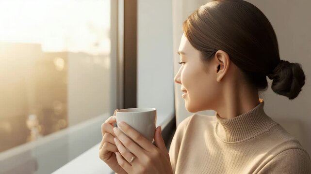Young woman smiling holding mug by sunny window morning sunlight profile peaceful contentment