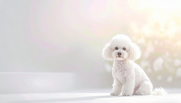 Bright white and soft pastel tones create an early summer background.
Bichon Frise sitting in the bottom right with a cute cheerful presence.
Wide copy space and gentle glow create a clean airy compos