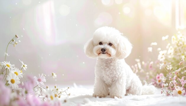 Bright white and soft pastel tones create an early summer background.
Bichon Frise sitting in the bottom right with a cute cheerful presence.
Wide copy space and gentle glow create a clean airy compos