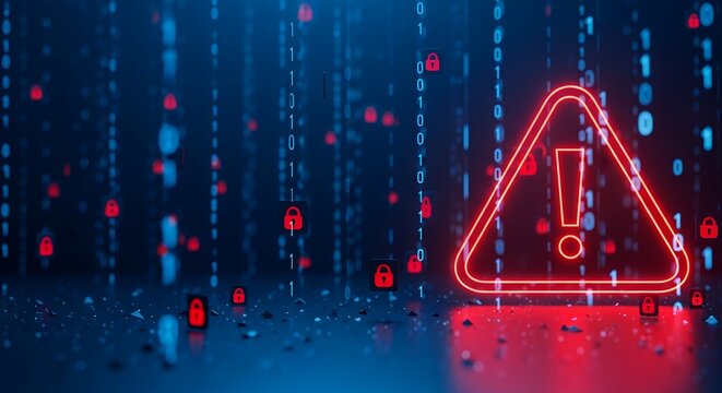 Digital warning sign glows red against blue data streams. Binary code falls around floating padlock icons. Red neon triangle stands out on dark, reflective surface