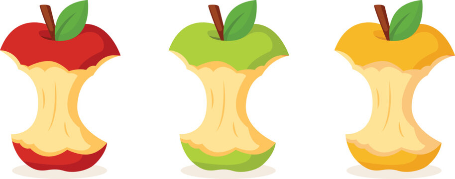 Set of apples. Apple core set. Fruit trash. Red, yellow and green apple stump on white background. Vector illustration in flat style