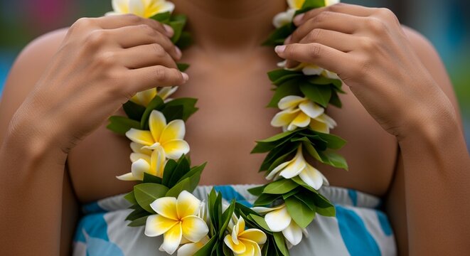 Woman holds flower lei made of yellow and white blooms. Leaves and blossoms are arranged in a traditional circular pattern. Blossoms are tropical with bright yellow centers and white petals