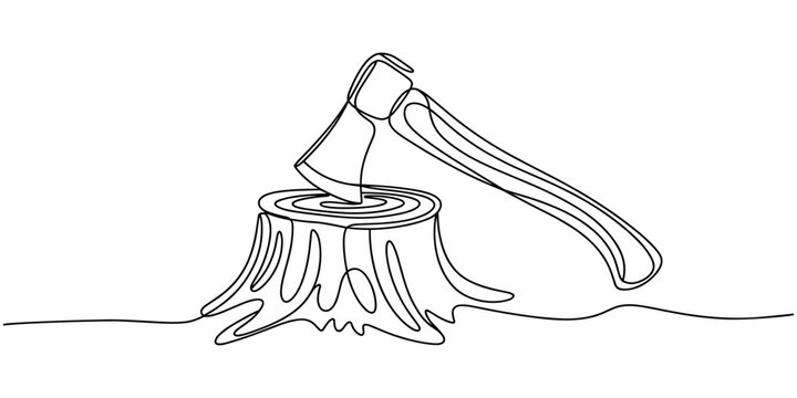 Single continuous one line drawing Hatchet in tree stump. Outline axe stuck. Forest, camping concept. Dynamic hand drawn graphic design vector illustration with editable stroke