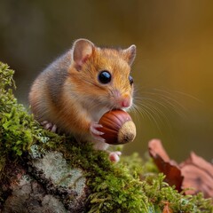 Naklejka premium Adorable Mouse Holding an Acorn on Moss