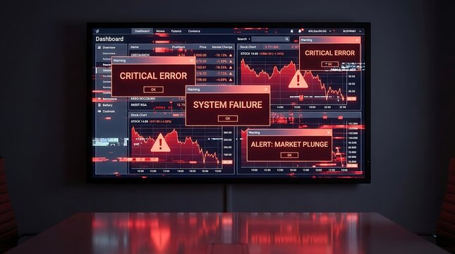 A large screen displays critical system failure alerts in a dark room with a shiny floor.