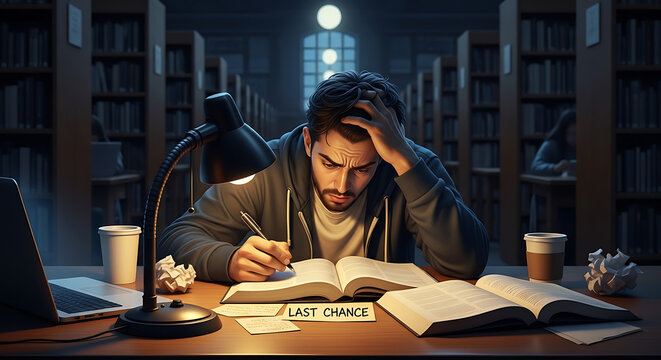 Exhausted student making a final attempt with academic perseverance and grit in a quiet university library setting representing scholarly determination during intense exam preparation.