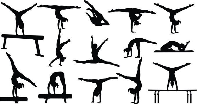 Professional Silhouette Collection of Female Gymnasts Performing Athletic Routines on Balance Beam and Parallel Bars for Sports Graphic Design