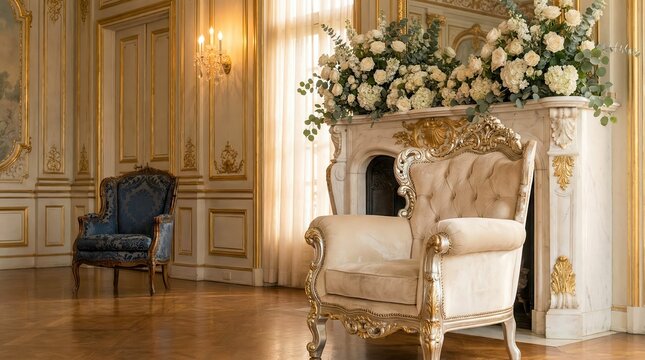Opulent rococo interior with ornate fireplace and plush armchairs