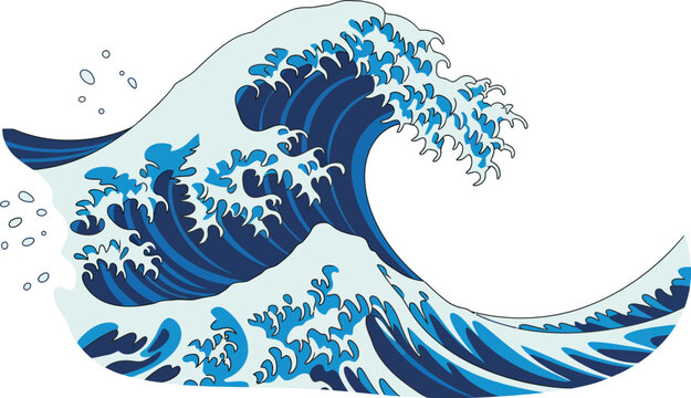 Ocean wave illustration, stylized blue wave, Great Wave inspired design, deep and light blue tones, white foam, dynamic crest, minimalist modern graphic style