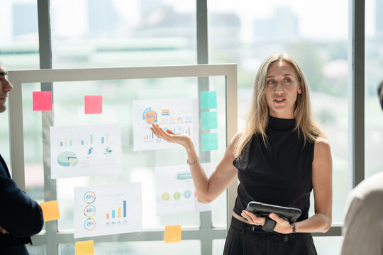 Caucasian business woman giving flipchart presentation in the office