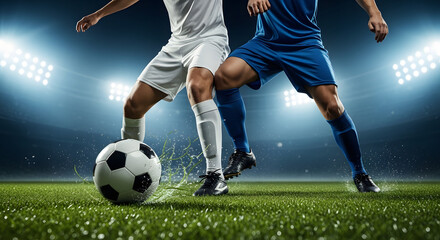 Naklejka premium Closeup of two soccer players competing for the ball on a professional stadium field with bright floodlights in the background