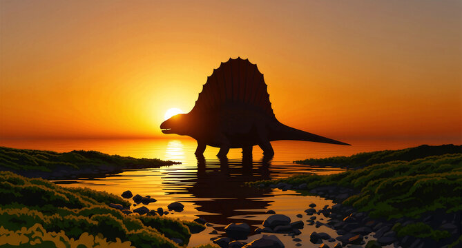 A magnificent prehistoric dimetrodon dinosaur, known for its iconic dorsal sail, stands prominently in shallow reflective water, its striking silhouette dramatically cast against the radiant golden