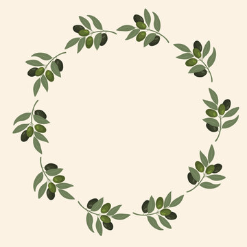 Round olive leaf wreath with mediterranean greenery branches. Botanical frame template for organic food branding, packaging labels, invitations, restaurant menus and natural design.