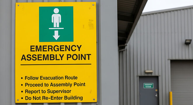 Industrial emergency assembly point signage posted on factory wall providing vital safety instructions and evacuation protocol guidelines for workplace protection and hazard management