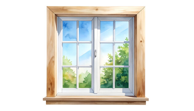 Watercolor illustration of a double-hung window with a sunny blue sky and green trees visible