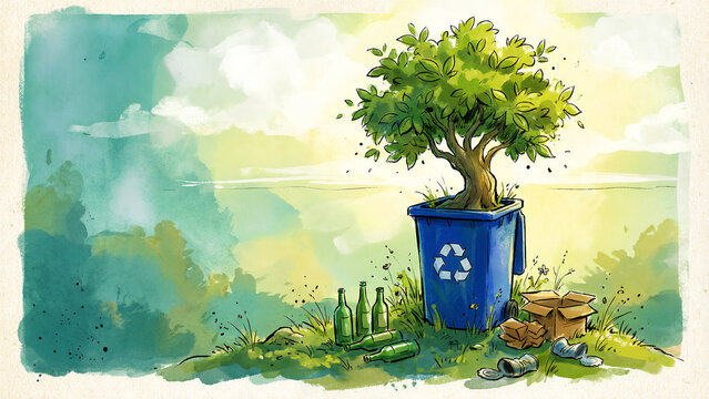 Watercolor illustration depicts a thriving green tree growing inside a blue recycling bin amidst discarded glass bottles and cardboard debris.